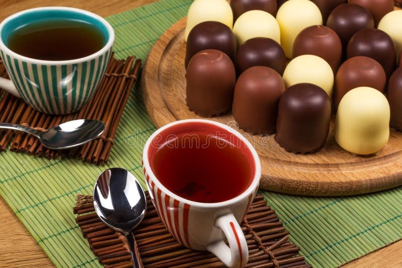 Marshmallows in Chocolate and Two Cups of Tea Stock Photo Image of
