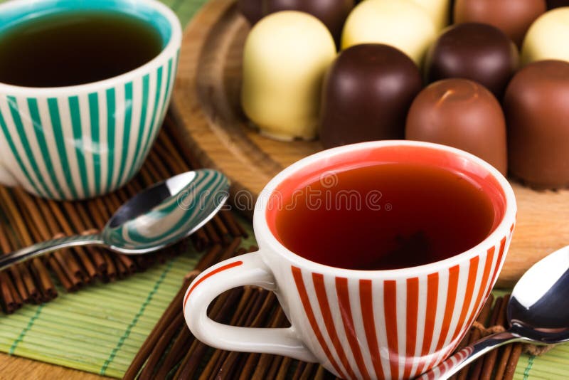 Marshmallows in Chocolate and Two Cups of Tea Stock Photo Image of