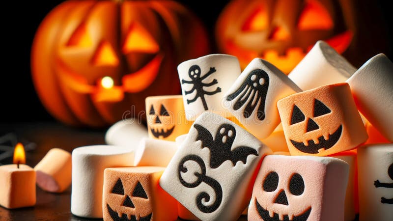 Marshmallows stylized for Halloween, arranged in front of a pumpkin background royalty free stock photo