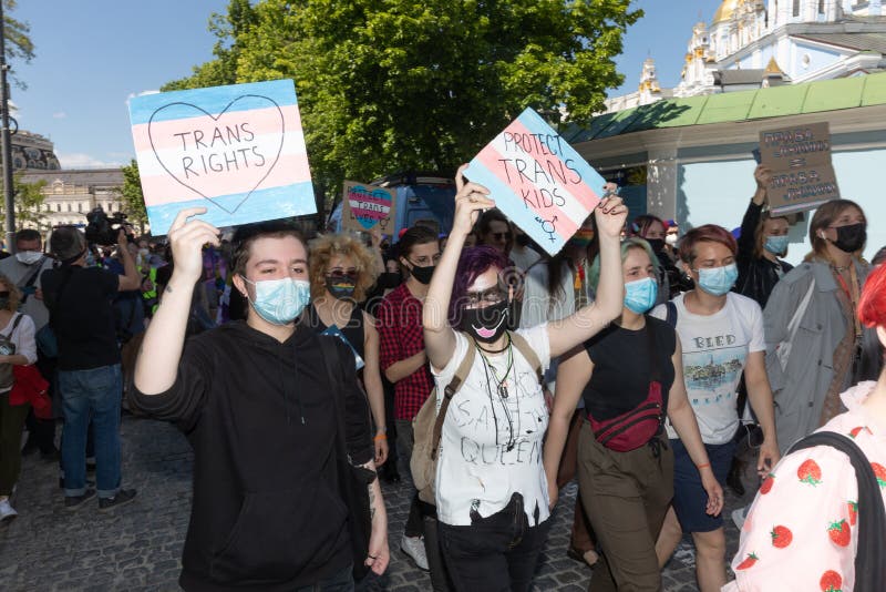 KYIV, UKRAINE - May. 22, 2021: A march in support of transgender people was held on Mikhailovskaya Square in Kiev. The march was attended by about 100 people. KYIV, UKRAINE - May. 22, 2021: A march in support of transgender people was held on Mikhailovskaya Square in Kiev. The march was attended by about 100 people