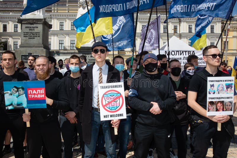 KYIV, UKRAINE - May. 22, 2021: A march in support of transgender people was held on Mikhailovskaya Square in Kiev. Rally of opponents of transgender rights. KYIV, UKRAINE - May. 22, 2021: A march in support of transgender people was held on Mikhailovskaya Square in Kiev. Rally of opponents of transgender rights
