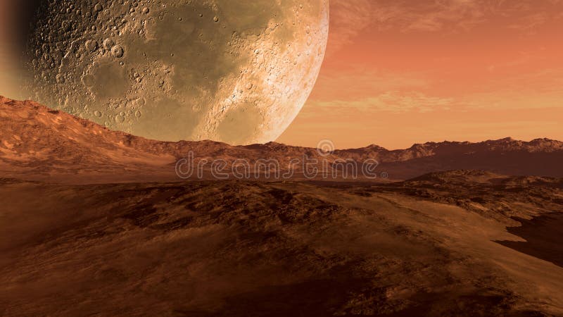 Mars like red planet with arid landscape, rocky hills and mountains, and a giant moon at the horizon, for space exploration and science fiction backgrounds. Mars like red planet with arid landscape, rocky hills and mountains, and a giant moon at the horizon, for space exploration and science fiction backgrounds.