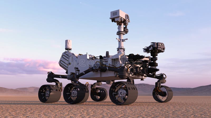 Marte Rover, veicolo spaziale autonomo robot su un pianeta abbandonato con le colline nel fondo, 3D rende illustrazione di stock Marte Rover, veicolo spaziale autonomo robot su un pianeta abbandonato con le colline nel fondo, 3D rende illustrazione di stock
