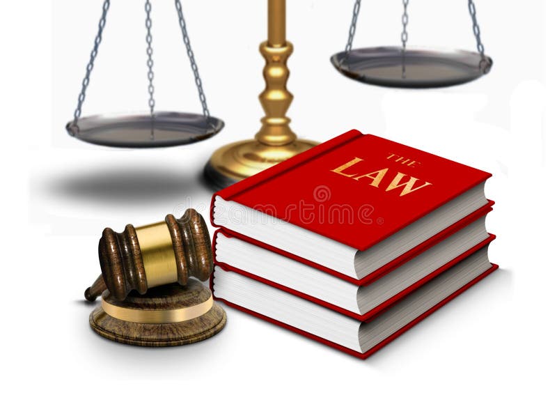 Legal gavel with scales and law books over white. Legal gavel with scales and law books over white