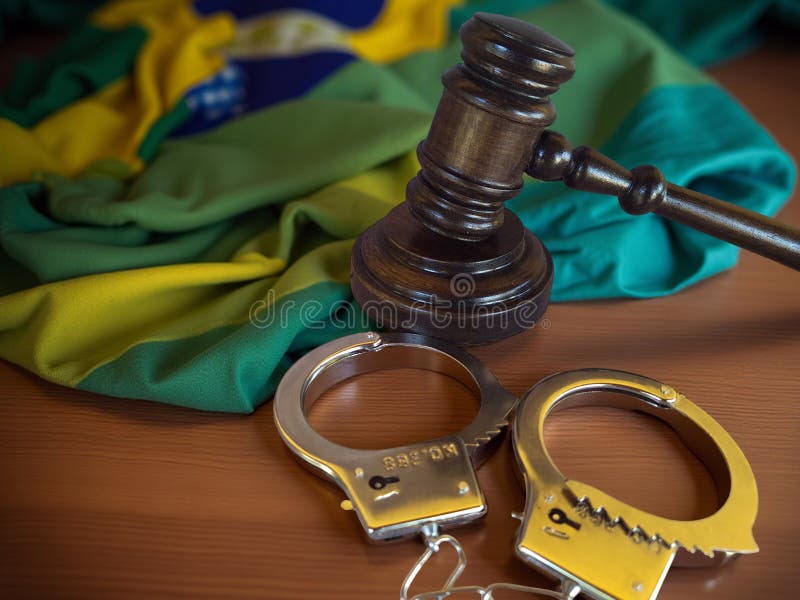 Martelo da justiça com algemas e a bandeira brasileira fotografia de stock royalty free