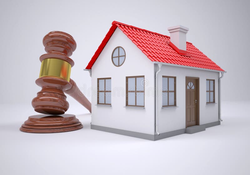 Gavel and small house. The gray background. Gavel and small house. The gray background