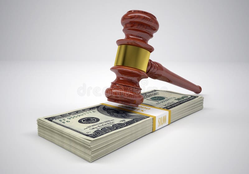 Gavel and wads money. The gray background. Gavel and wads money. The gray background