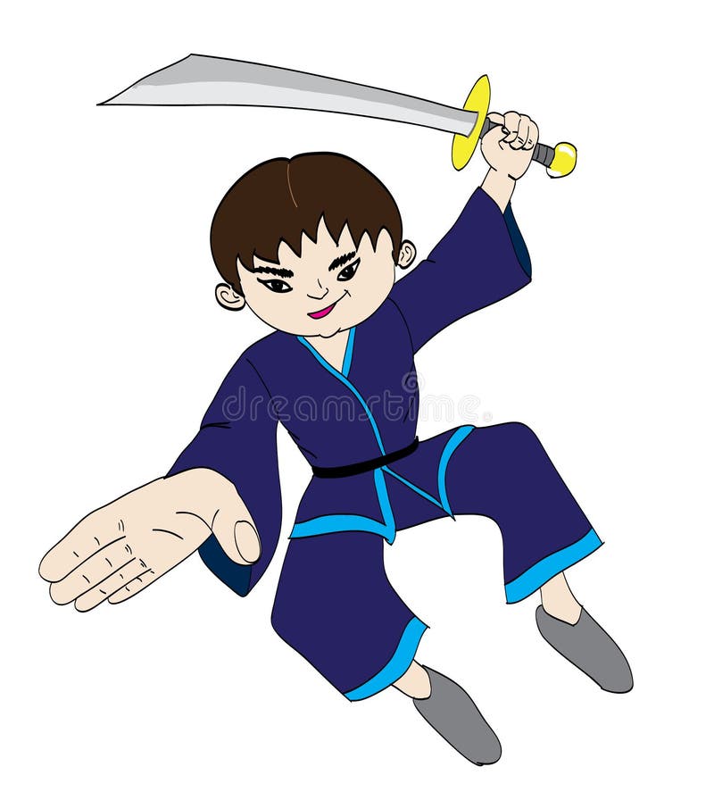 A cartoon illustration of a martial artist using a sword. Cartoon chop illustrations