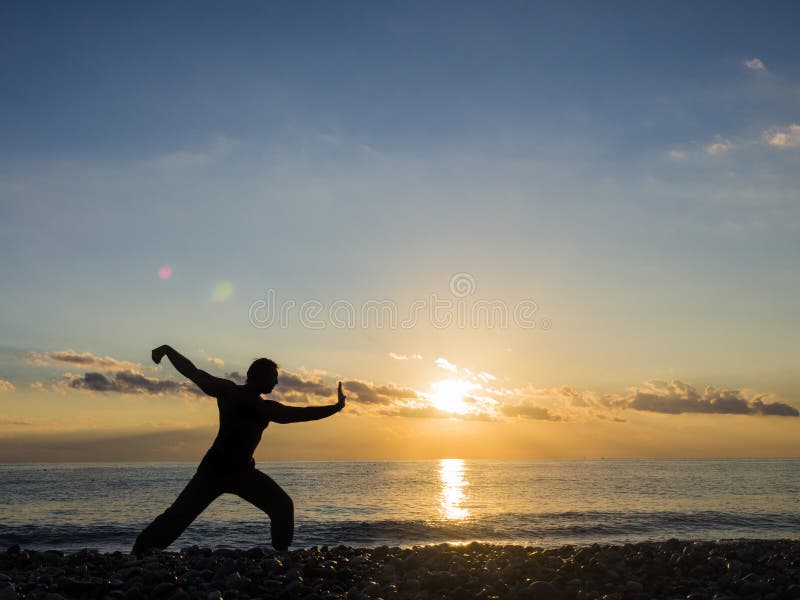 Martial Artist with orange sunset. Silhouette of a man practice whushu. Healthy lifestyle royalty free stock images Martial Artist with orange sunset. Silhouette of a man practice whushu. Healthy lifestyle royalty free stock images