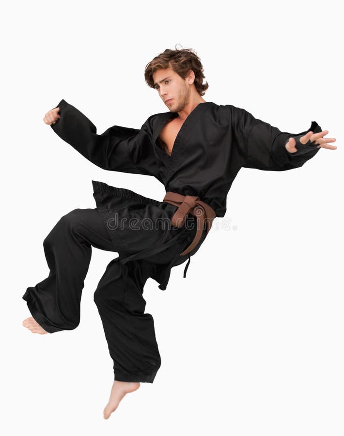 Martial arts fighter performing a jump kick stock images Martial arts fighter performing a jump kick stock images