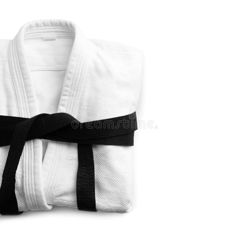 Martial Arts Uniform with Black Belt on White Background, Top View