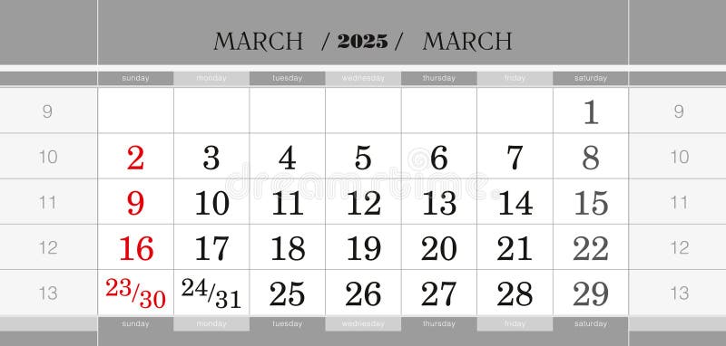 Martie 2025, bloc calendaristic trimestrial. calendarul zidurilor în engleză începe de duminică stock illustration