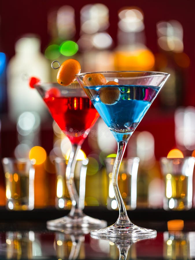 Colorful Cocktails in Martini Glasses in a Bar Stock Image Image of