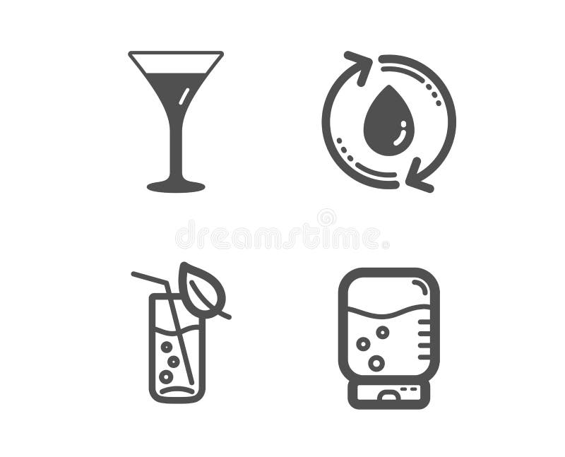 Martini-glas, van het Nieuwe vullingswater en van het Waterglas pictogrammen Wijn, Kringloopaqua, Sodadrank Bureaudrank Vector stock illustratie Martini-glas, van het Nieuwe vullingswater en van het Waterglas pictogrammen Wijn, Kringloopaqua, Sodadrank Bureaudrank Vector stock illustratie