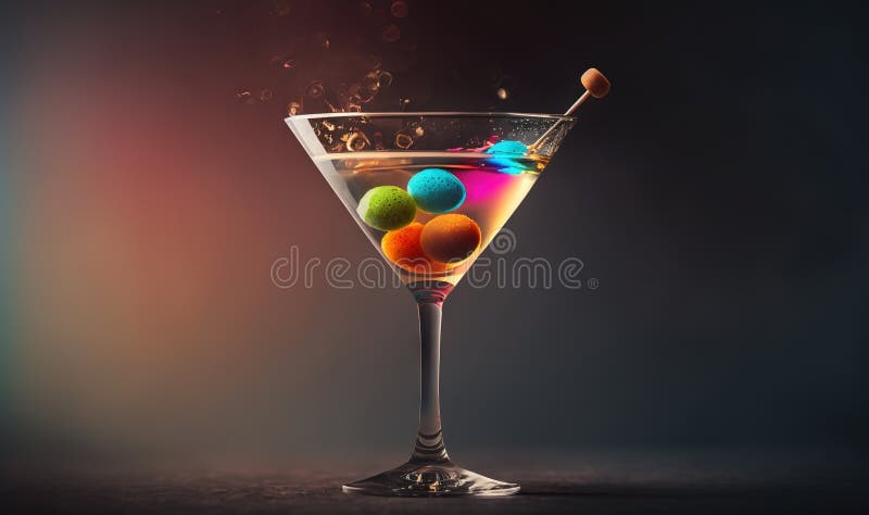 A martini glass filled with a colorful liquid and a candy ball stock illustration
