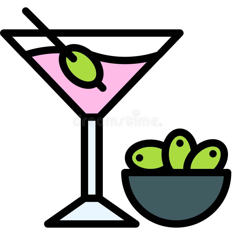 Martini with Olive Icon, Beverage Filled Vector Illustration Stock