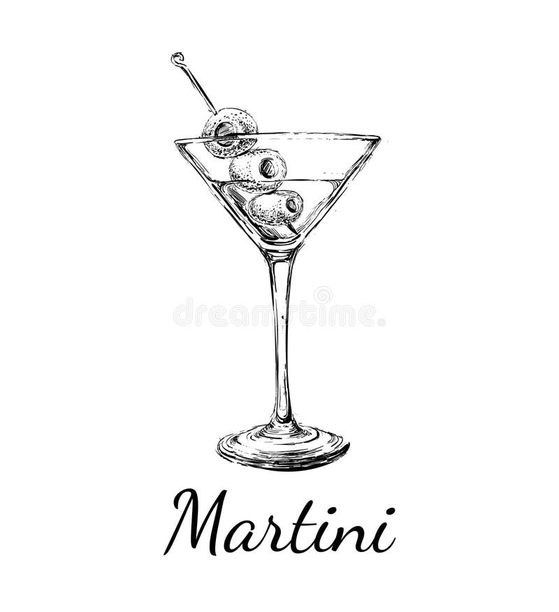 Martini σκίτσων κοκτέιλ με τη διανυσματική συρμένη χέρι απεικόνιση ελιών στοκ εικόνες