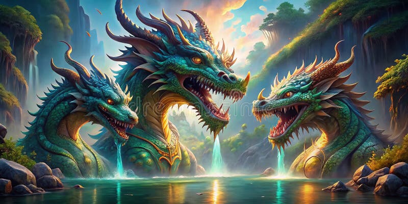 Martor la apariția a trei dragoni maiestuoși dintr-o sursă mistică de apă O imagine uimitoare a lui Naga Nakharat stock illustration