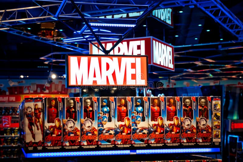 Marvel logo in Hamleys store. Marvel Comics Group is a publisher of American comic books and related media