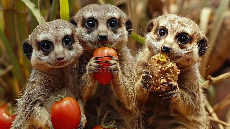 Marvellous merry meerkats munching on mouthwatering morsels. Generative Ai