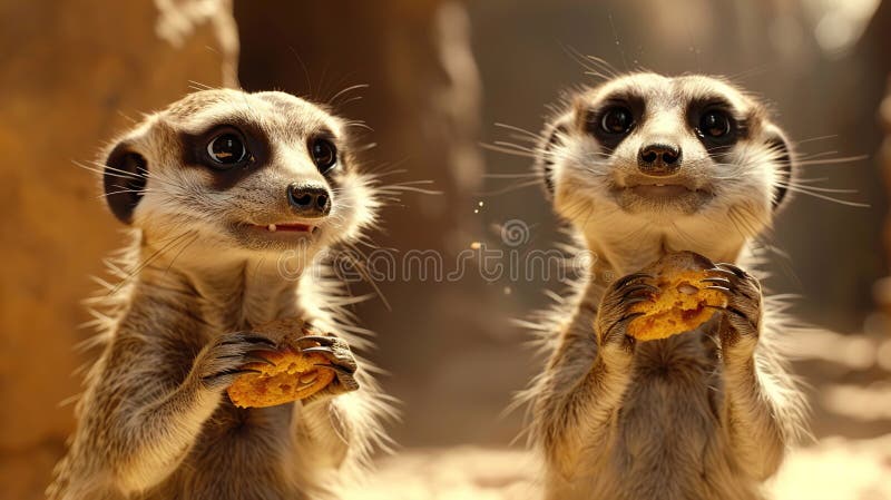 Marvellous merry meerkats munching on mouthwatering morsels. Generative Ai