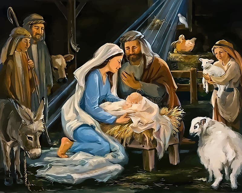 Mary and Joseph with the Baby in the Stable. Birth of Jesus Christ ...