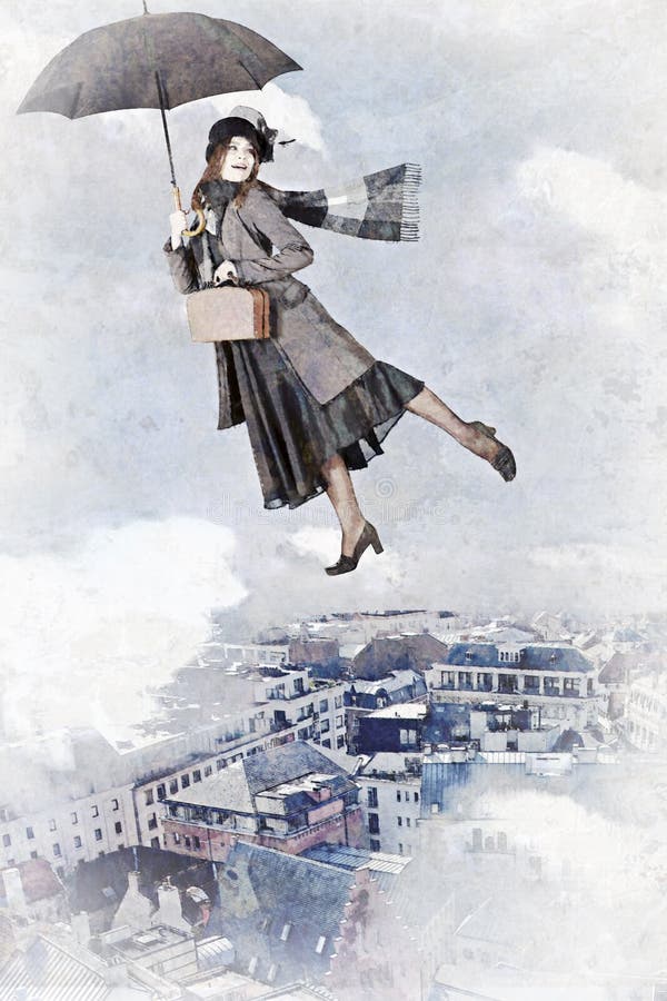 Afslachten vandaag Scharnier Mary Poppins-vliegen Op Een Paraplu Stock Illustratie - Illustration of  illustratie, architectuur: 50464710