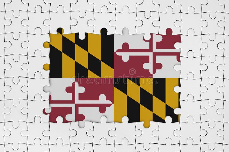 Maryland US state flag in frame of white puzzle pieces with missing central parts. Maryland US state flag in frame of white puzzle pieces with missing central parts