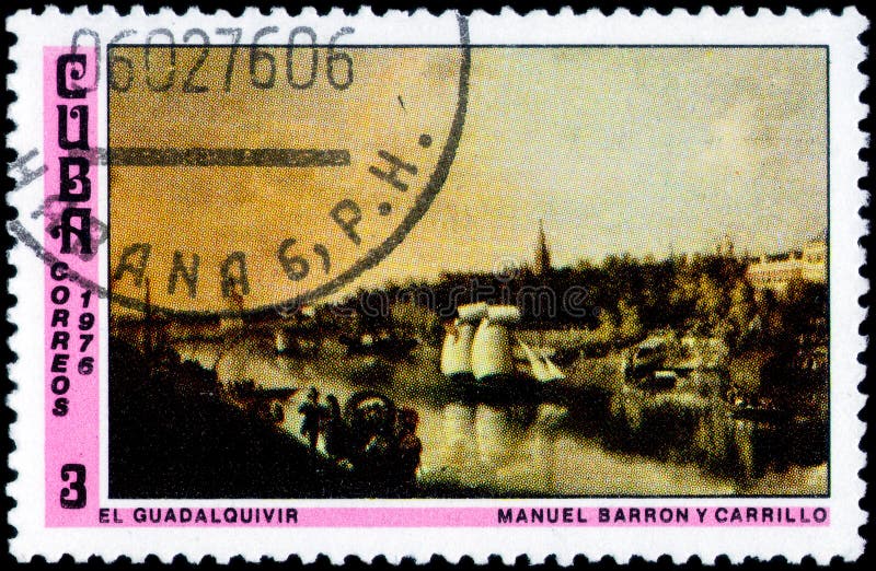 Saint Petersburg, Russia - March 06, 2020: Stamp issued in the Cuba with the image of the Guadalquivir, painting by Manuel Barron Y Carrillo. From the series on Paintings from the National Museum, circa 1976. Saint Petersburg, Russia - March 06, 2020: Stamp issued in the Cuba with the image of the Guadalquivir, painting by Manuel Barron Y Carrillo. From the series on Paintings from the National Museum, circa 1976