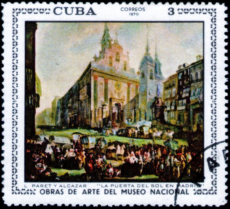 Saint Petersburg, Russia - March 06, 2020: Stamp issued in the Cuba with the image of the Puerta del Sol, Madrid, painting by Luis Paret y Alcazar. From the series on Paintings from the National Museum, circa 1970. Saint Petersburg, Russia - March 06, 2020: Stamp issued in the Cuba with the image of the Puerta del Sol, Madrid, painting by Luis Paret y Alcazar. From the series on Paintings from the National Museum, circa 1970