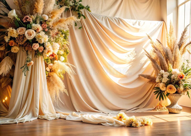 Marzycielska ceremonia ślubna boho tło elegancki beige drape linen z słonecznym kwiatowym cieniem dla rustyków lub bohemian ilustracji