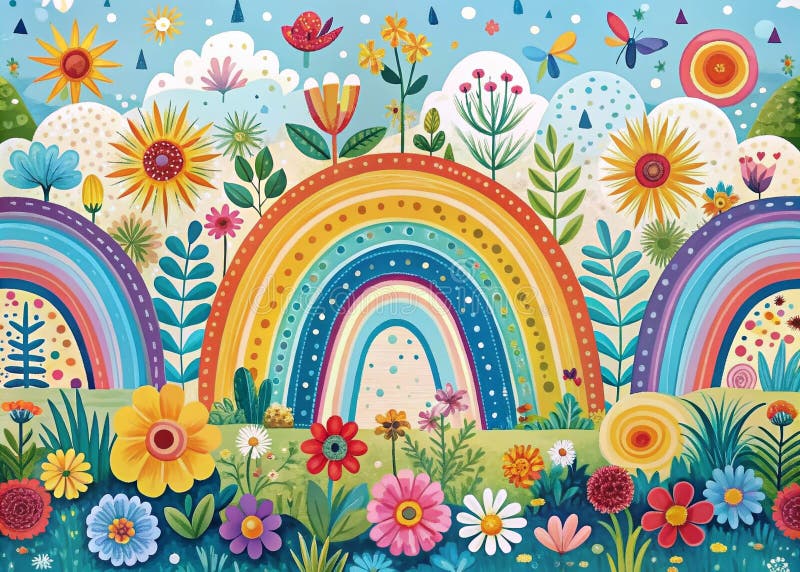 Marzycielski boho letnia krajobraz żywy tęcza łuki kwiatowe i zabawne wzory wystroju dziecięcego oraz ilustracja wektor