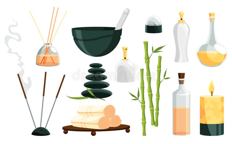 Masaje de spa o iconos de salón de belleza fijados con piedras de masaje negro salina aromática velas de aceite de masaje y brotes stock de ilustración