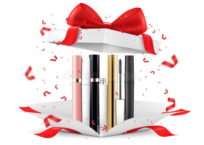 Mascara inside open gift box, isolated on white background. White gift box with cosmetic items. Present, Gift, Surprise concept. vector illustration