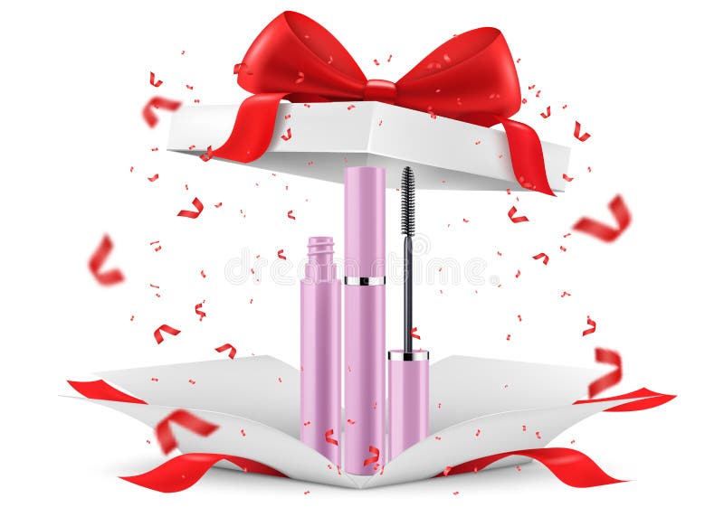 Mascara inside open gift box, isolated on white background. White gift box with cosmetic items. Present, Gift, Surprise concept. vector illustration