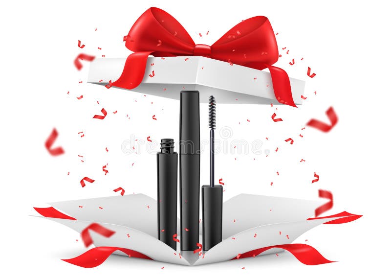 Mascara inside open gift box, isolated on white background. White gift box with cosmetic items. Present, Gift, Surprise concept. royalty free illustration