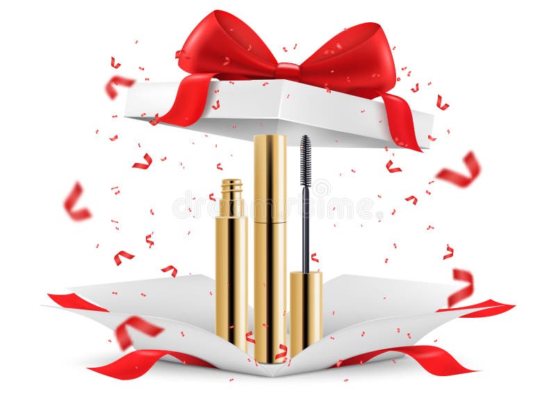 Mascara inside open gift box, isolated on white background. White gift box with cosmetic items. Present, Gift, Surprise concept. stock illustration