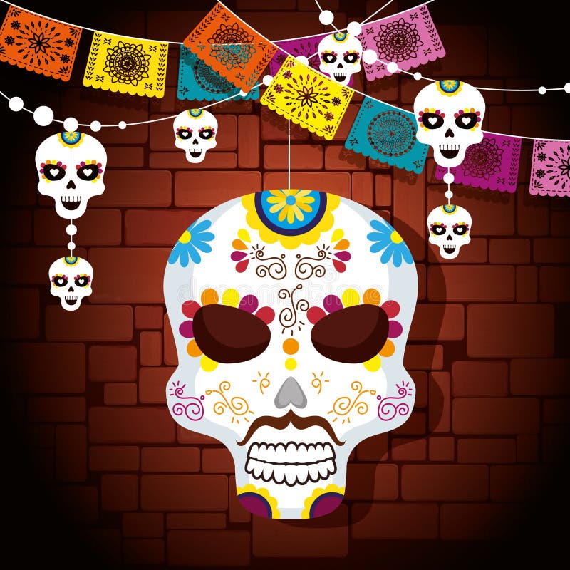 Maschera del cranio con la decorazione dell'insegna del partito illustrazione di stock Maschera del cranio con la decorazione dell'insegna del partito illustrazione di stock