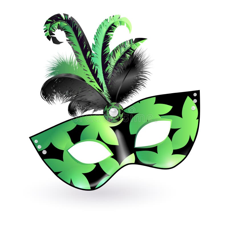 Maschera di carnevale con le piume lilla nere verdi su fondo bianco Concetto festivo di carnevale felice Illustrazione di vettore illustrazione di stock Maschera di carnevale con le piume lilla nere verdi su fondo bianco Concetto festivo di carnevale felice Illustrazione di vettore illustrazione di stock