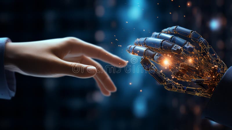 Maschinelles Lernen Hand von Roboter berühren auf Big-Data-Netzwerk-Revolution Datenaustausch Tief-Lernen Wissenschaft lizenzfreie abbildung