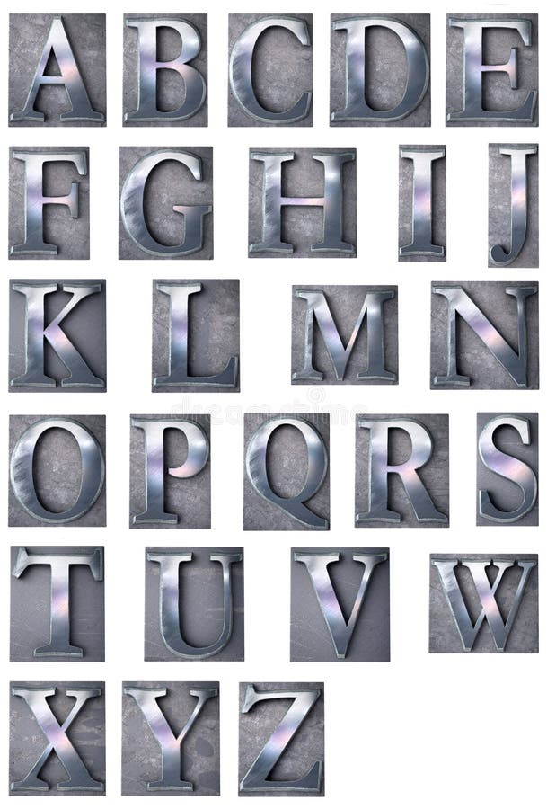 3D rendering of an alphabet in metallic typescript print letter cases (upper-case). 3D rendering of an alphabet in metallic typescript print letter cases (upper-case)