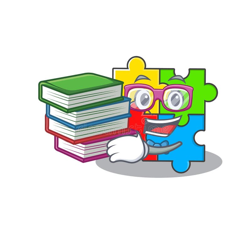 Mascot Cartoon of Puzzle Toy Studying with Book Stock Vector