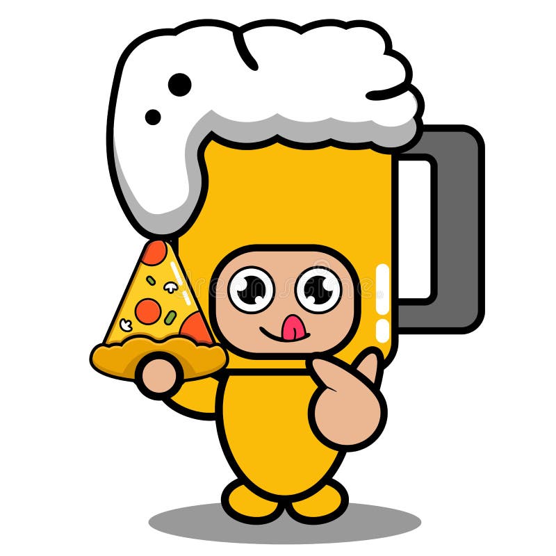 Mascot costume beer glass doodle eating pizza stock illustration