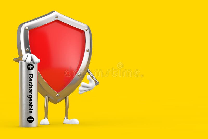 Red Metal Protection Shield Character Mascot with Rechargeable Battery on a yellow background. 3d Rendering. Red Metal Protection Shield Character Mascot with Rechargeable Battery on a yellow background. 3d Rendering