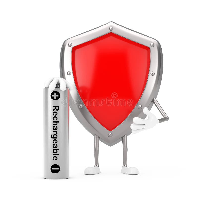 Red Metal Protection Shield Character Mascot with Rechargeable Battery on a white background. 3d Rendering. Red Metal Protection Shield Character Mascot with Rechargeable Battery on a white background. 3d Rendering