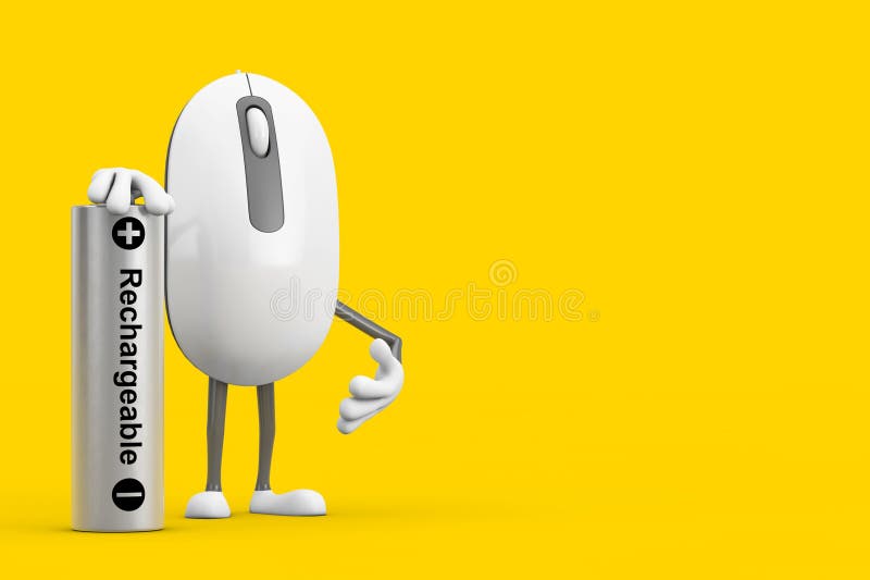 Computer Mouse Cartoon Person Character Mascot with Rechargeable Battery on a yellow background. 3d Rendering. Computer Mouse Cartoon Person Character Mascot with Rechargeable Battery on a yellow background. 3d Rendering