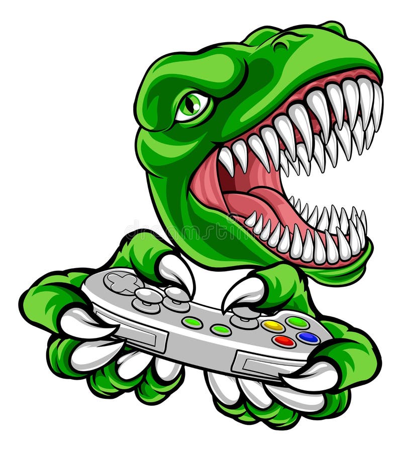 desenho de dinossauro jogar um jogo, controlador de videogame nerd