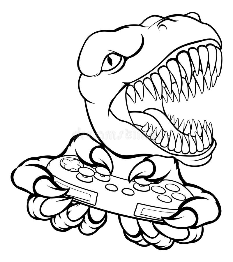 desenho de dinossauro jogar um jogo, controlador de videogame nerd