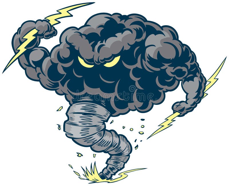Vector cartoon clip art illustration of a tough thundercloud or storm cloud mascot with lightning bolts and a tornado funnel kicking up dust and debris. Vector cartoon clip art illustration of a tough thundercloud or storm cloud mascot with lightning bolts and a tornado funnel kicking up dust and debris.