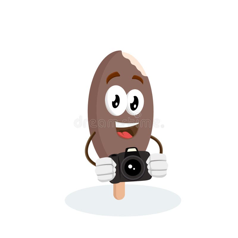 A mascote e o fundo do chocolate do gelado com câmera levantam ilustração do vetor